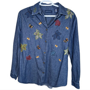 Karen Scott Fall Leaf Plaid Butterfly Embroidered Denim Button Down M Autumn